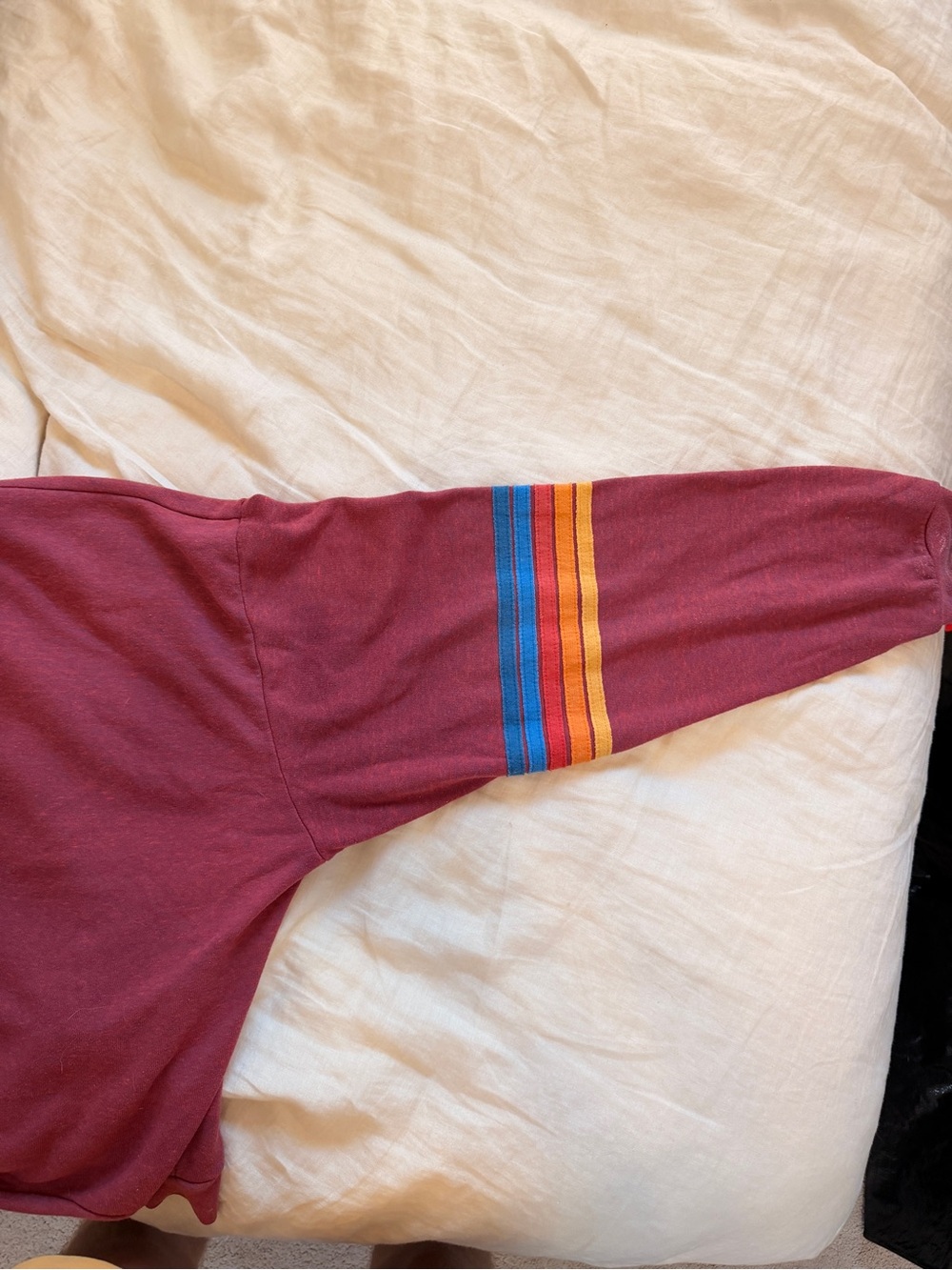 women’s Maroon Crewneck Sweater with Multicolor Stripe Sleeves - Picture 4 of 4